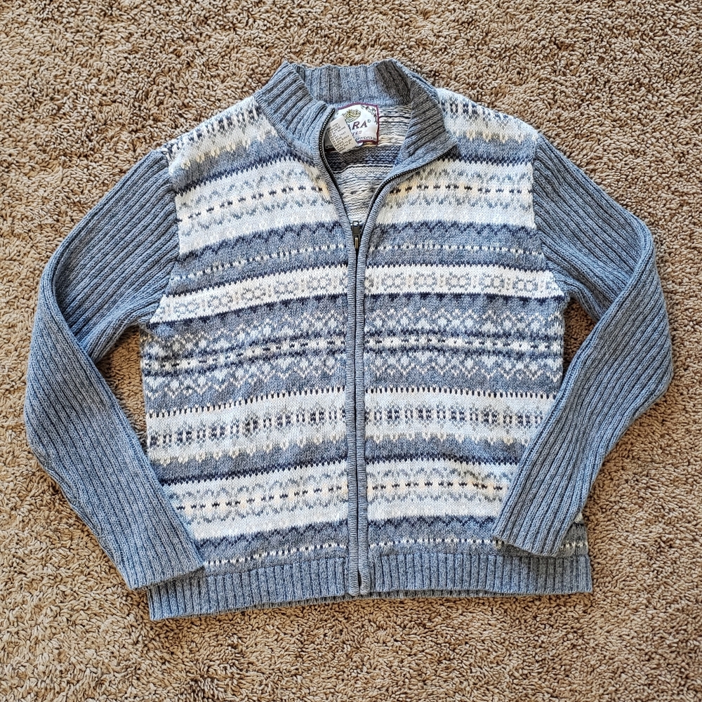 Tiara petite vintage fair isle full zip knit sweater jacket  blue cream LP
